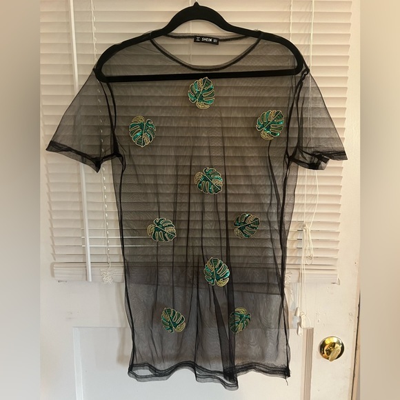 SHEIN Other - One of a kind!! Like new—Sheer Mesh Cover-Up w/ Monstera leaf patches Size S